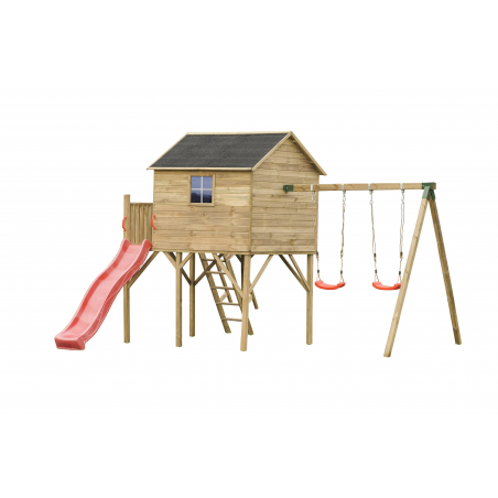 Drewniany domek ogrodowy dla dzieci - Jerzyk MAX ze ślizgiem i podwójną huśtawką