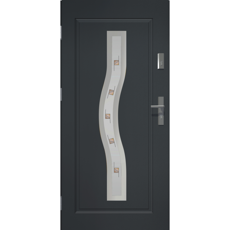  	Drzwi zewnętrzne przeszklone CERES - Antracyt. INOX. Szklenie Witraż. Produkt polski. 