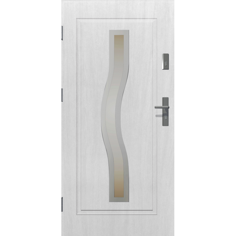  	Drzwi zewnętrzne CERES - biały INOX. Szklenie Stopsol. Produkt polski. 	