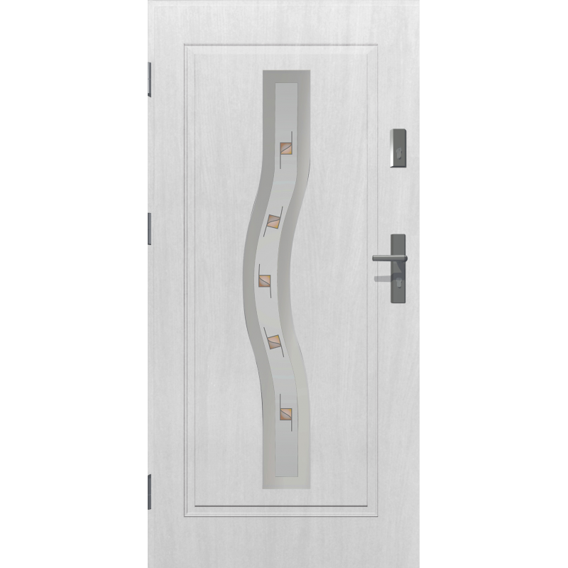  	Drzwi zewnętrzne CERES - Biały INOX. Witraż. Produkt polski.