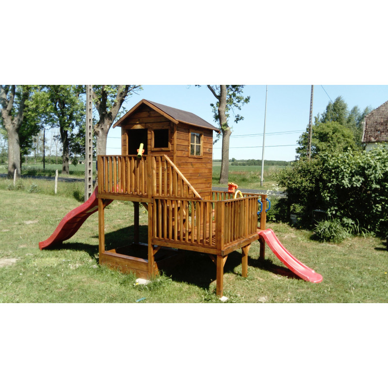 Drewniany Domek Hubert Z Dwoma Ślizgami Podwójną Huśtawką Z Platformą i Ślizgiem Oraz Ścianką Wspinaczkową