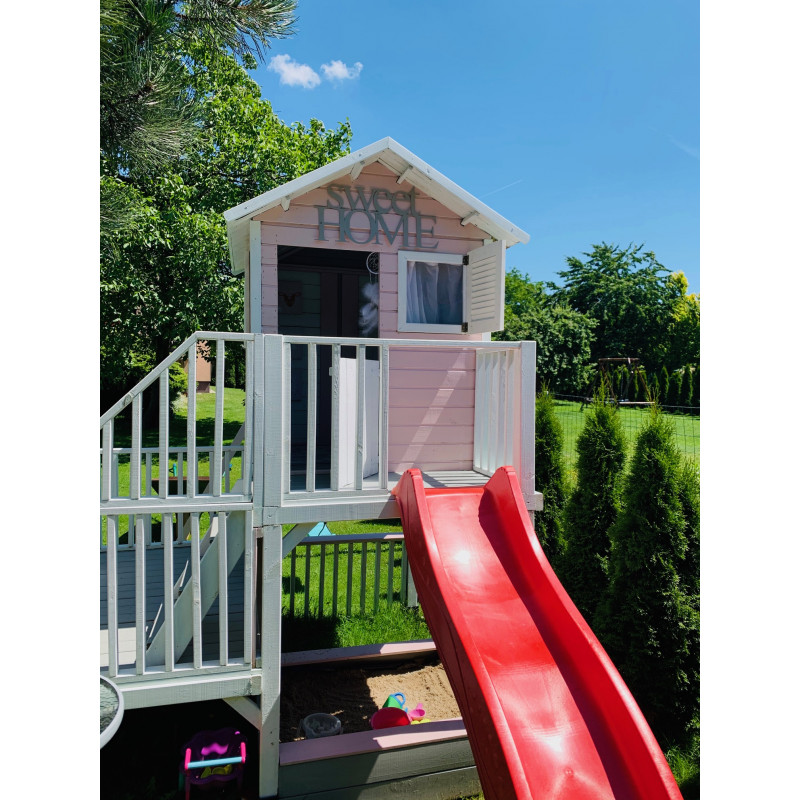 Drewniany Domek Hubert Z Pojedynczą Huśtawką Dwoma Ślizgami i Ścianką Wspinaczkową