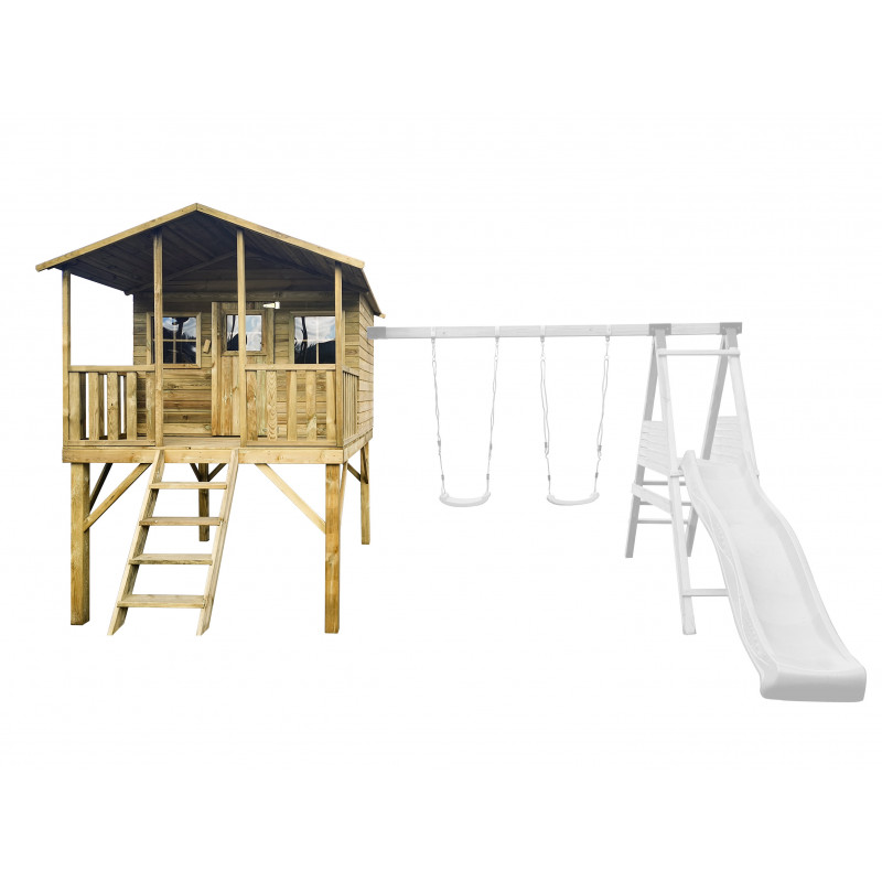Drewniany Domek Dla Dzieci Gucio Podwójna Huśtawka + Platforma i Ślizg