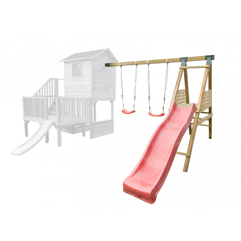 Drewniany Domek Hubert Z Dwoma Ślizgami Podwójną Huśtawką Z Platformą i Ślizgiem Oraz Ścianką Wspinaczkową