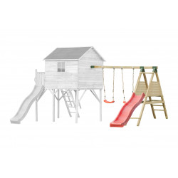 Drewniany domek ogrodowy dla dzieci - Jerzyk MAX ze ślizgiem oraz podwójną huśtawką i platformą