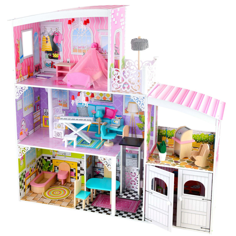 Drewniany domek dla lalek Ksenia z garażem i akcesoriami