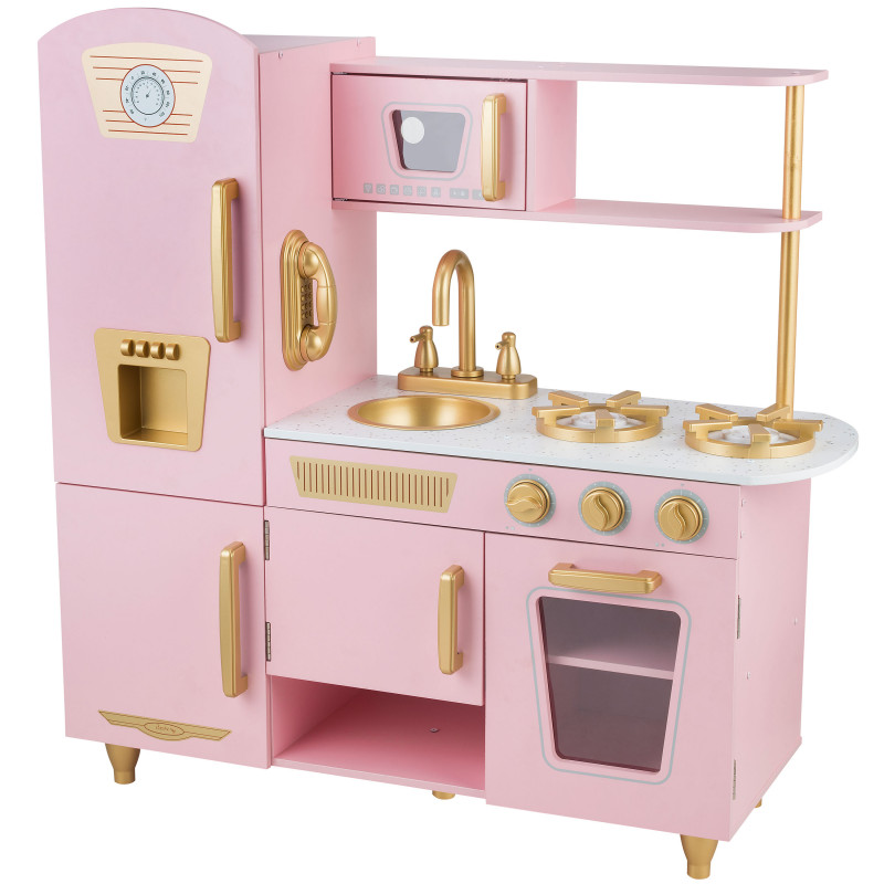 Duża różowa kuchnia dla dzieci KitchenJoy z lodówką, akcesoriami i złotymi akcentami