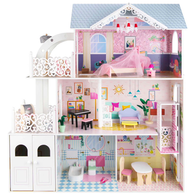 Drewniany domek dla lalek Oliwia z balkonem, garażem i akcesoriami