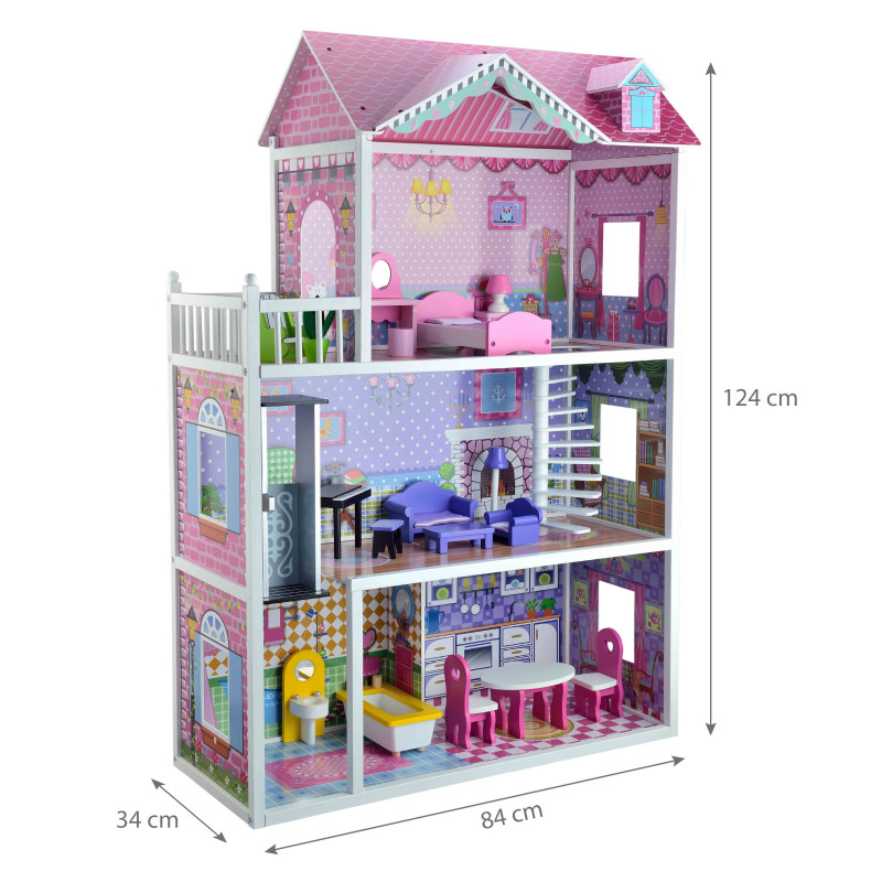 Drewniany domek dla lalek Julia z windą, balkonem i akcesoriami
