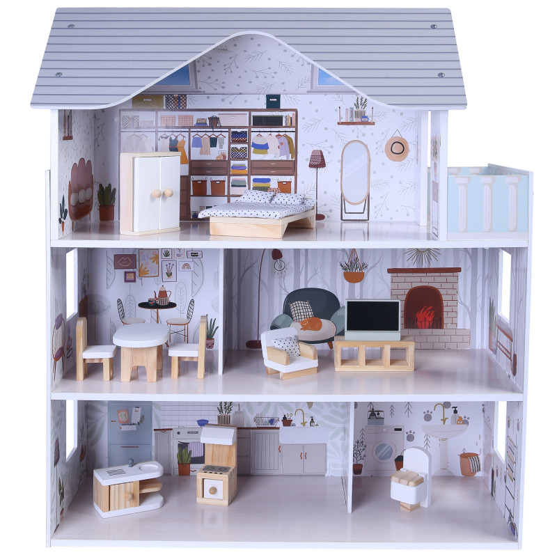 Drewniany domek dla lalek Lili z mebelkami i balkonem