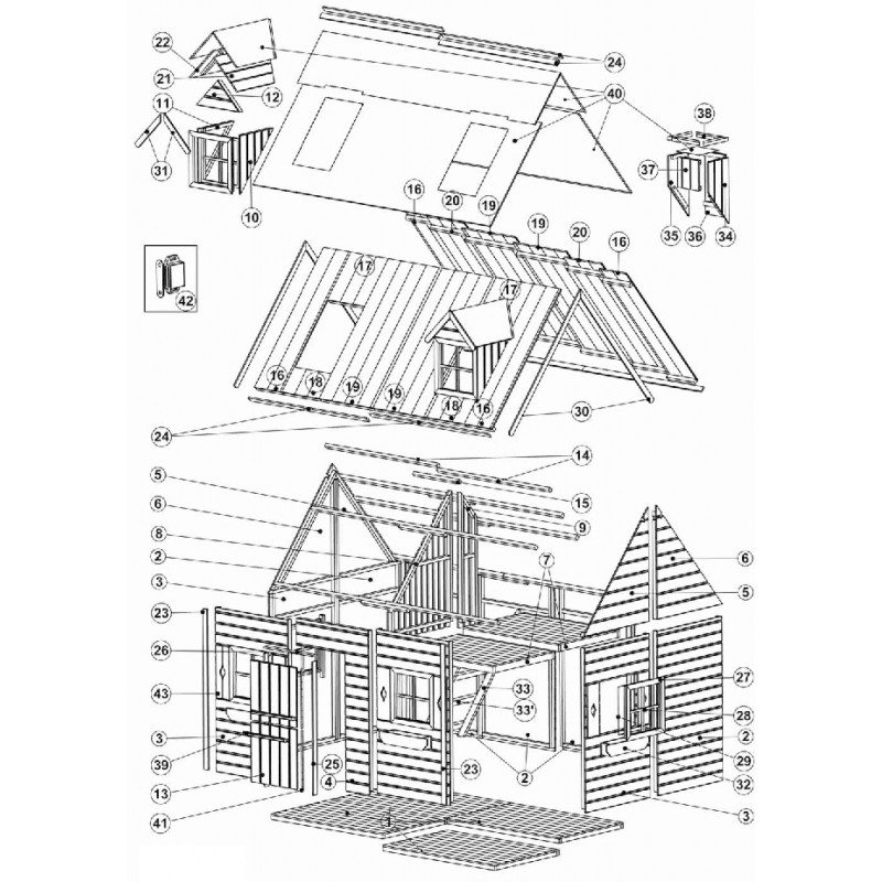 Drewniany domek ogrodowy dla dzieci - Maria z antresolą - Budowa domku Drewniany domek ogrodowy dla dzieci - Maria z antresolą - Budowa domku