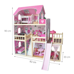 Duży domek dla lalek Larysa z balkonem, zjeżdżalnią i akcesoriami