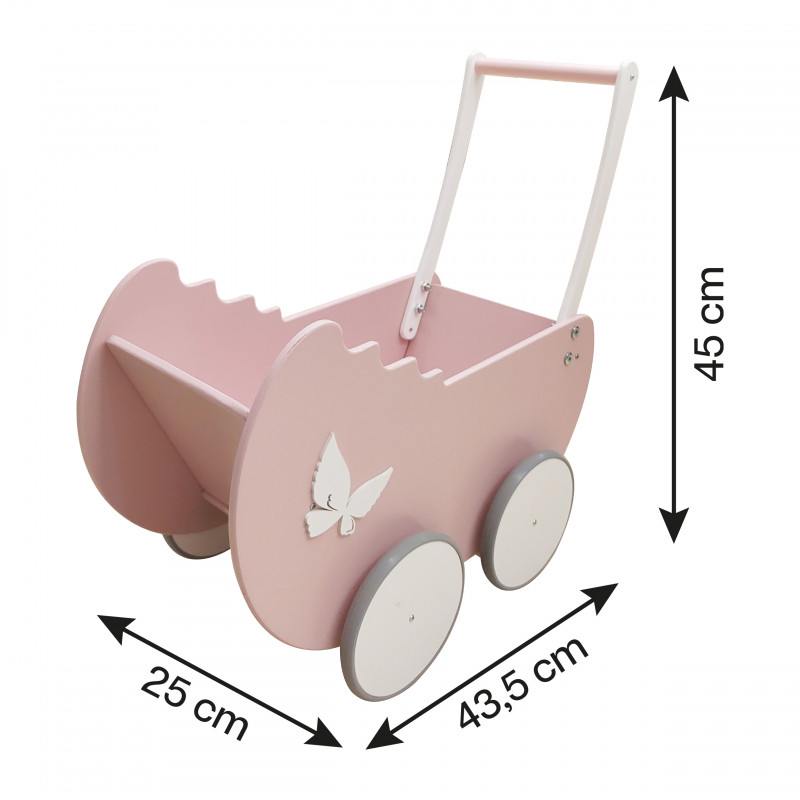 Drewniany wózek dla lalek Ivy pastelowy róż kołyska pchacz