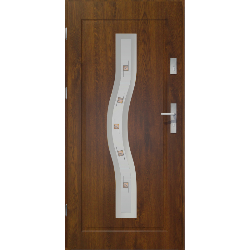  	Drzwi zewnętrzne przeszklone CERES- Ciemny Orzech - INOX. Szklenie Witraż. Produkt polski