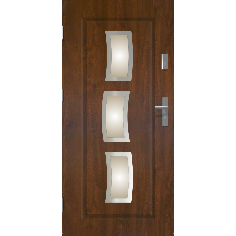  	Drzwi zewnętrzne przeszklone STARS - Ciemny Orzech - INOX. Szklenie Stopsol. Produkt polski