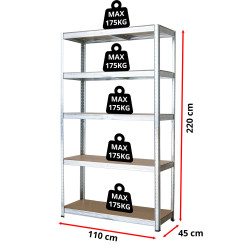 Regał metalowy magazynowy 220x110x45 cm ocynkowany 2w1 garażowy do piwnicy 175 kg