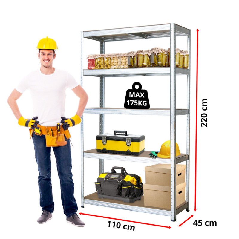 Regał metalowy magazynowy 220x110x45 cm ocynkowany 2w1 garażowy do piwnicy 175 kg