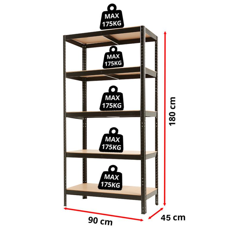 Regał metalowy magazynowy 180x90x45 cm czarny 2w1 garażowy do piwnicy 175 kg