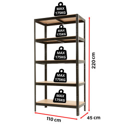 Regał metalowy magazynowy 220x110x45 cm czarny 2w1 garażowy do piwnicy 175 kg