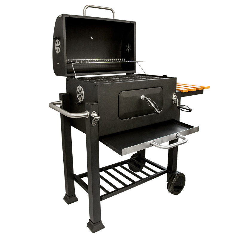 Grill węglowy 113,5X50X107 cm z żeliwnym rusztem i drewnianą półką