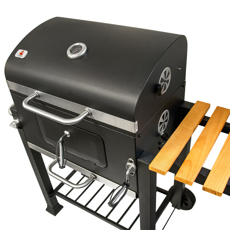 Grill węglowy 113,5X50X107 cm z żeliwnym rusztem i drewnianą półką