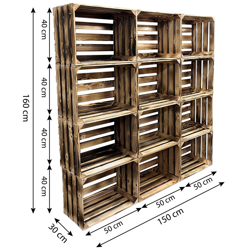 Drewniany regał ze skrzynek OPALANY na warzywa i owoce 150x160x30cm WKRĘTY x24