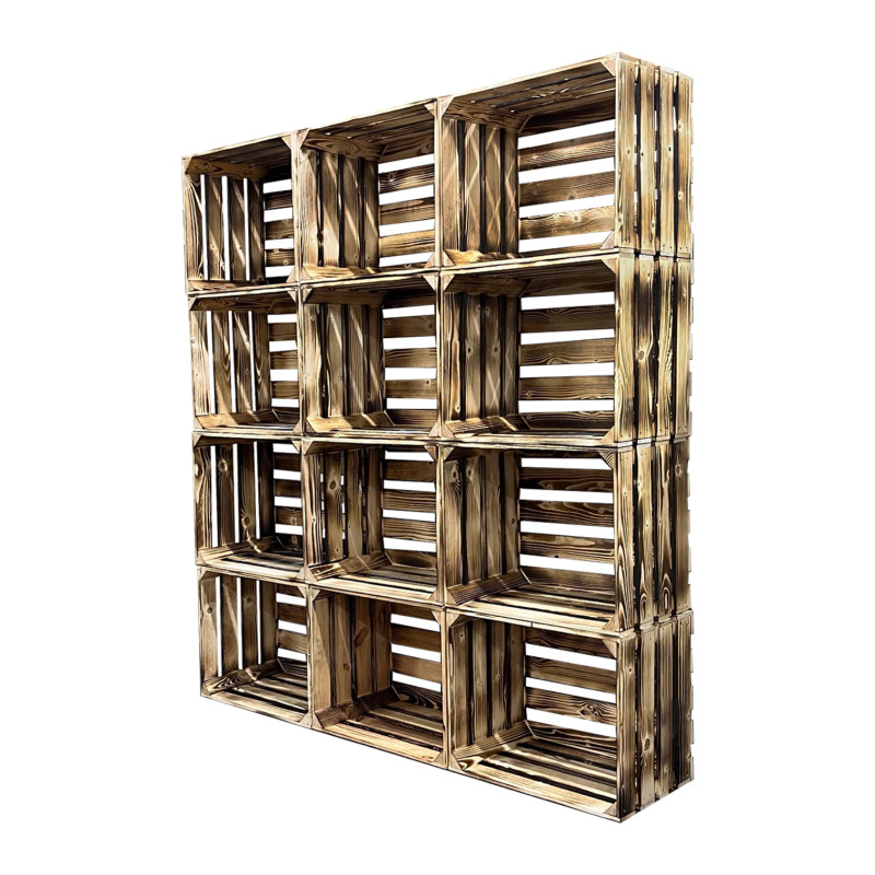 Drewniany regał ze skrzynek OPALANY na warzywa i owoce 150x160x30cm WKRĘTY x24