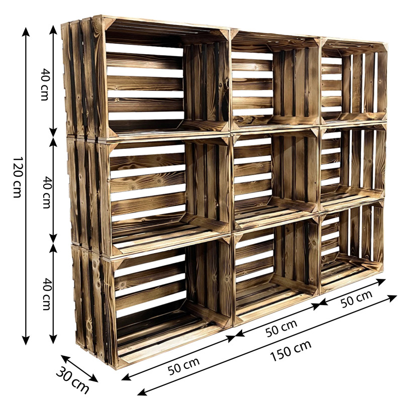 Drewniany regał ze skrzynek OPALANY na warzywa i owoce 150x120x30cm WKRĘTY x16