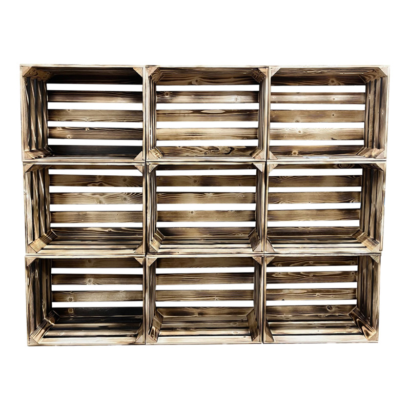 Drewniany regał ze skrzynek OPALANY na warzywa i owoce 150x120x30cm WKRĘTY x16