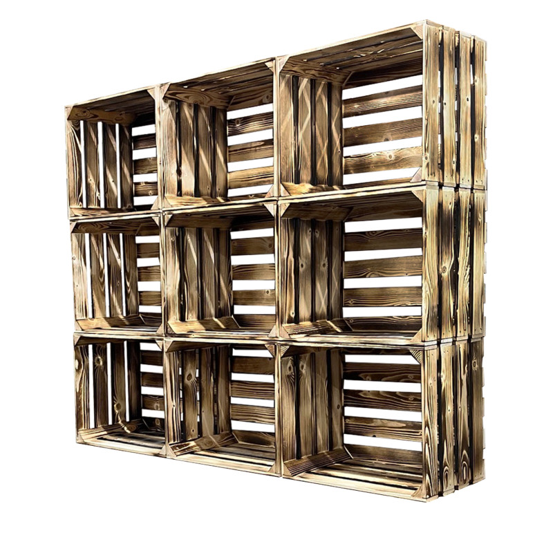 Drewniany regał ze skrzynek OPALANY na warzywa i owoce 150x120x30cm WKRĘTY x16