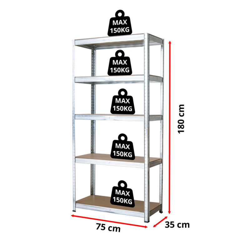 Regał metalowy magazynowy 180x75x35 cm ocynkowany 2w1 garażowy do piwnicy 150 kg