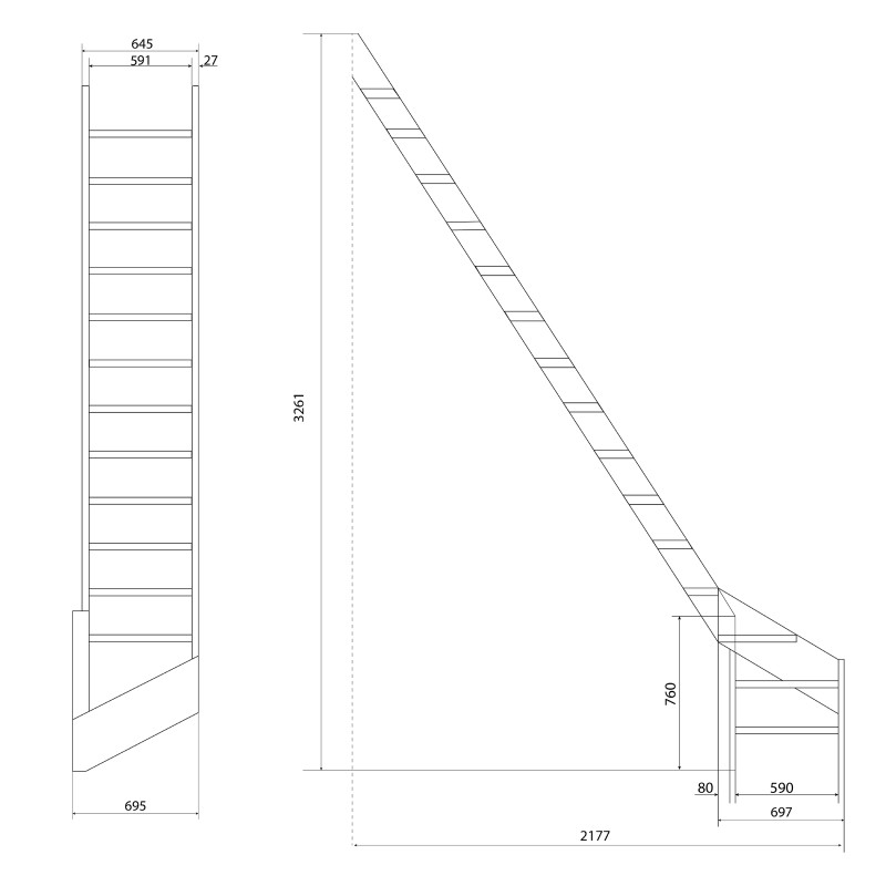 Drewniane schody młynarskie zabiegowe prawe - "Kopenhaga 645"