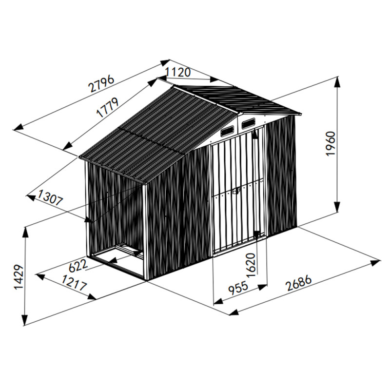 Stalowy domek narzędziowy 3,5m2 z drewutnią 130x279x196 narzędziownia blaszak