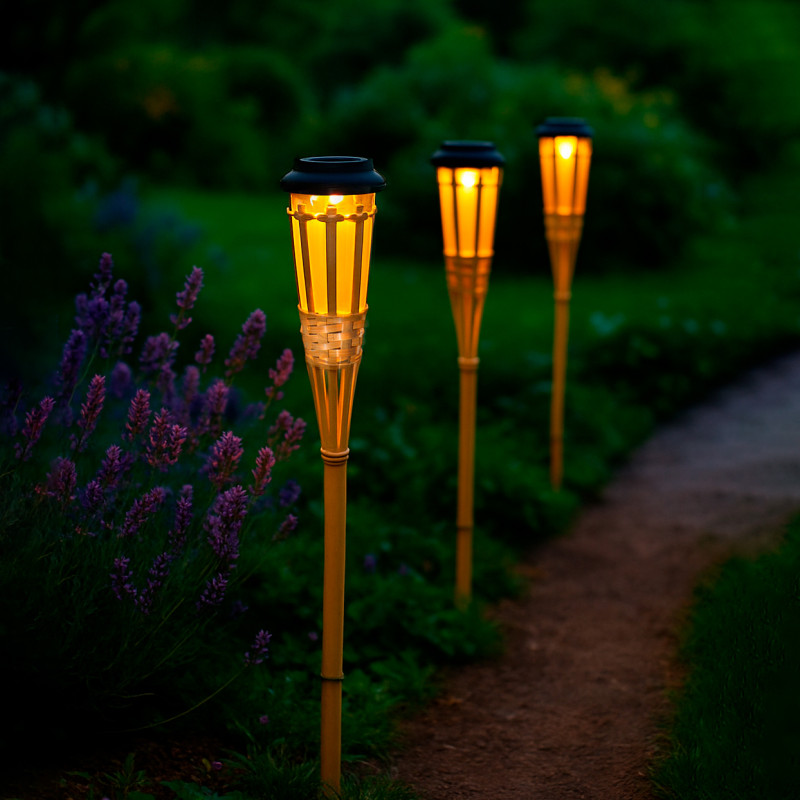 Lampa solarna pochodnia bambusowa 9x61 cm do ogrodu wbijana - 3 sztuki
