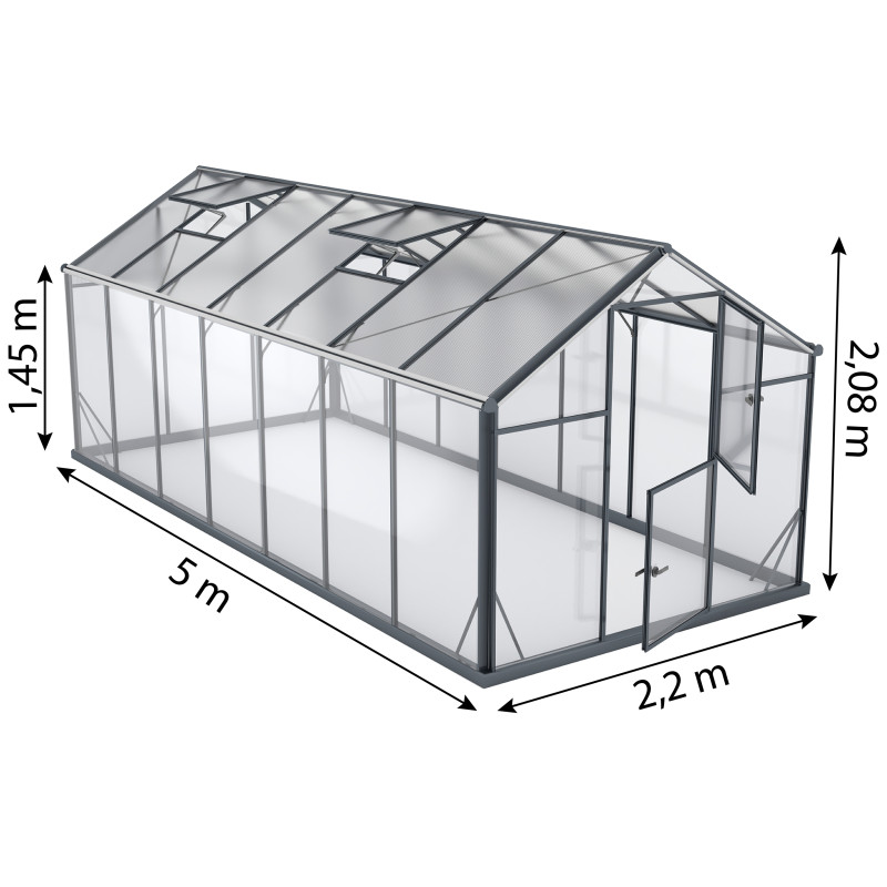 Szklarnia HYBRID Poliwęglan Szkło Hartowane 220x500cm L-11 Antracytowa 11m2