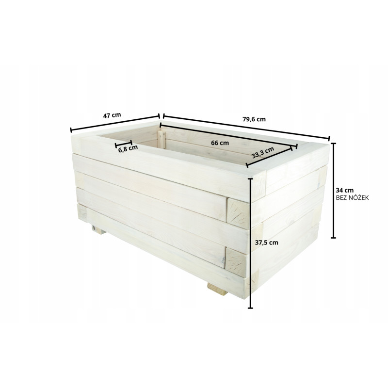 Duża Drewniana Donica Ogrodowa Bielona 80x47x37,5 cm