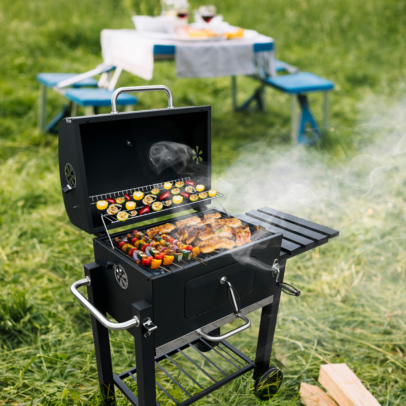 Grill węglowy 113,5X50X107 cm z żeliwnym rusztem + pokrycie