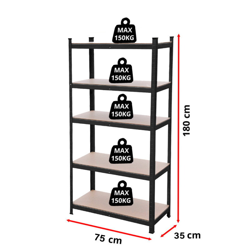 Regał metalowy magazynowy 180x75x35 cm czarny 2w1 garażowy do piwnicy 150 kg