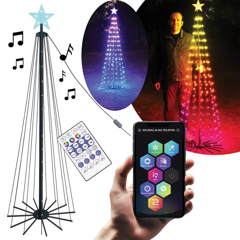 Choinka świecąca 250 LED 180cm Ø 60cm stelaż światełka APLIKACJA pilot