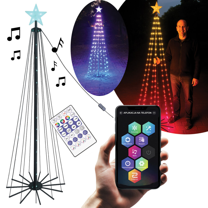 Choinka świecąca 340 LED 240 cm Ø 80 cm stelaż światełka APLIKACJA pilot
