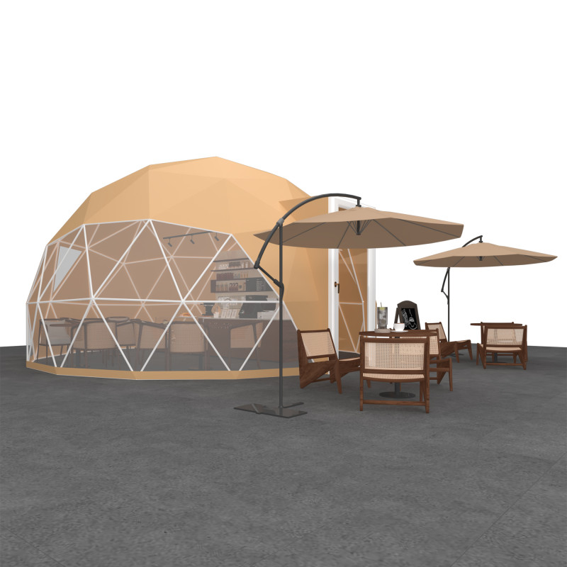 Namiot sferyczny całoroczny kopuła Ø 5m 20mkw szklane drzwi glamping