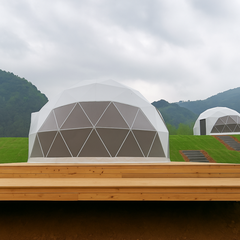 Namiot sferyczny całoroczny kopuła Ø 6m 28mkw szklane drzwi glamping