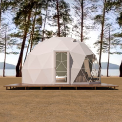 Namiot sferyczny całoroczny kopuła Ø 6m 28mkw szklane drzwi glamping