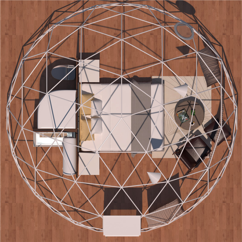 Namiot sferyczny całoroczny kopuła Ø 6m 28mkw szklane drzwi glamping