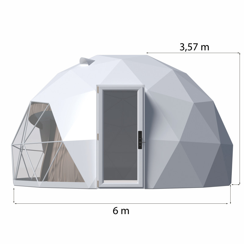 Namiot sferyczny całoroczny kopuła Ø 6m 28mkw szklane drzwi glamping
