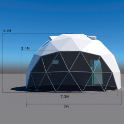Namiot sferyczny całoroczny kopuła Ø 7m 38mkw szklane drzwi glamping