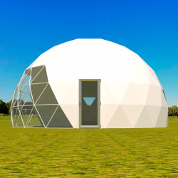 Namiot sferyczny całoroczny kopuła Ø 8m 50mkw szklane drzwi glamping