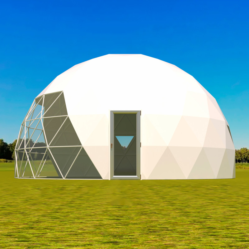 Namiot sferyczny całoroczny kopuła Ø 8m 50mkw szklane drzwi glamping