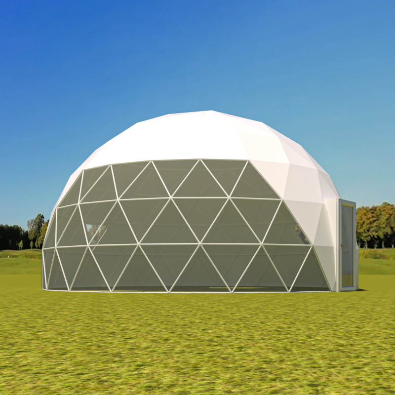 Namiot sferyczny całoroczny kopuła Ø 8m 50mkw szklane drzwi glamping