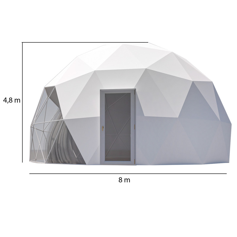 Namiot sferyczny całoroczny kopuła Ø 8m 50mkw szklane drzwi glamping